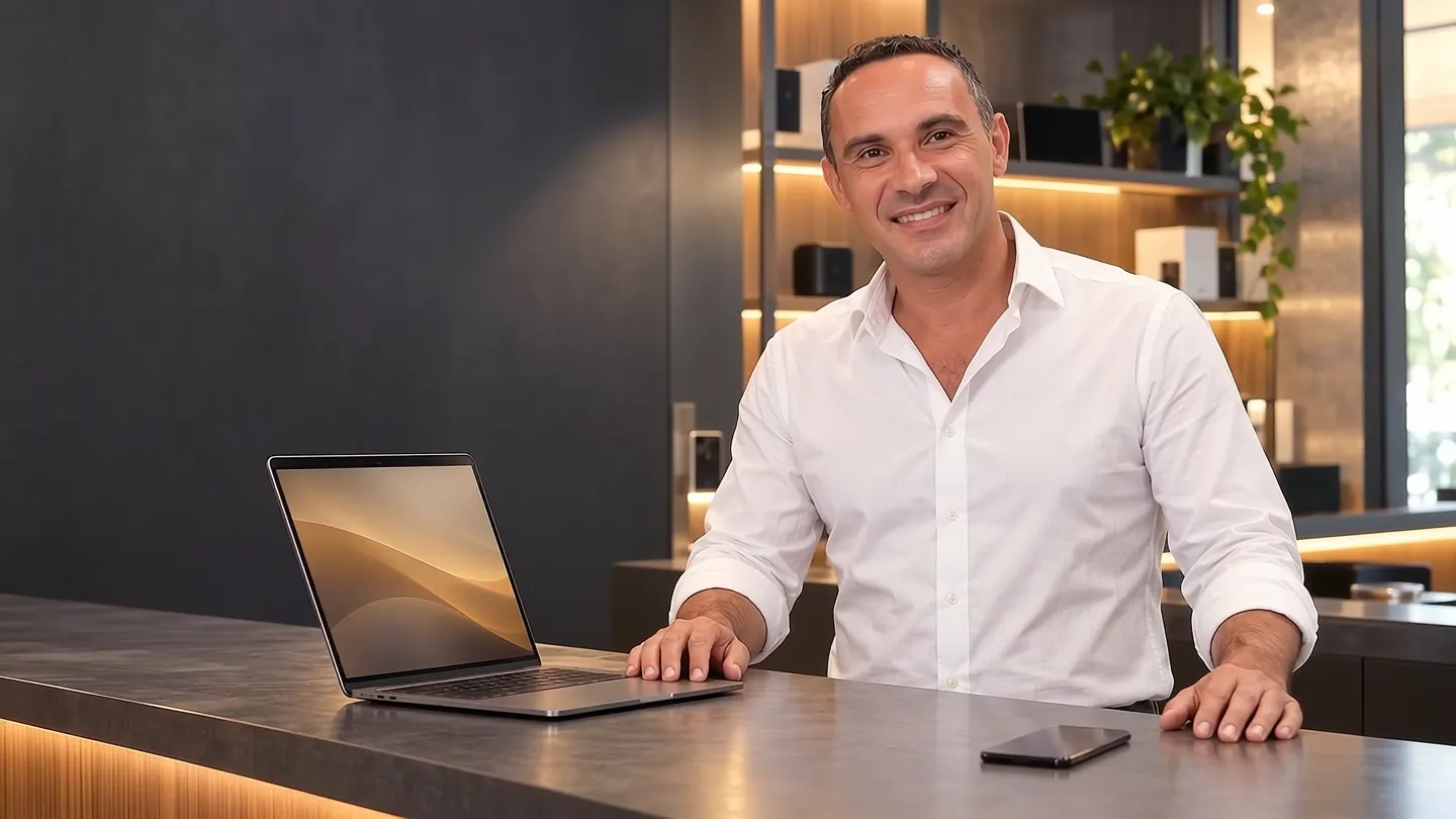 Vito Moro di Key Soft Italia al banco, con un notebook e uno smartphone (scena ricostruita)