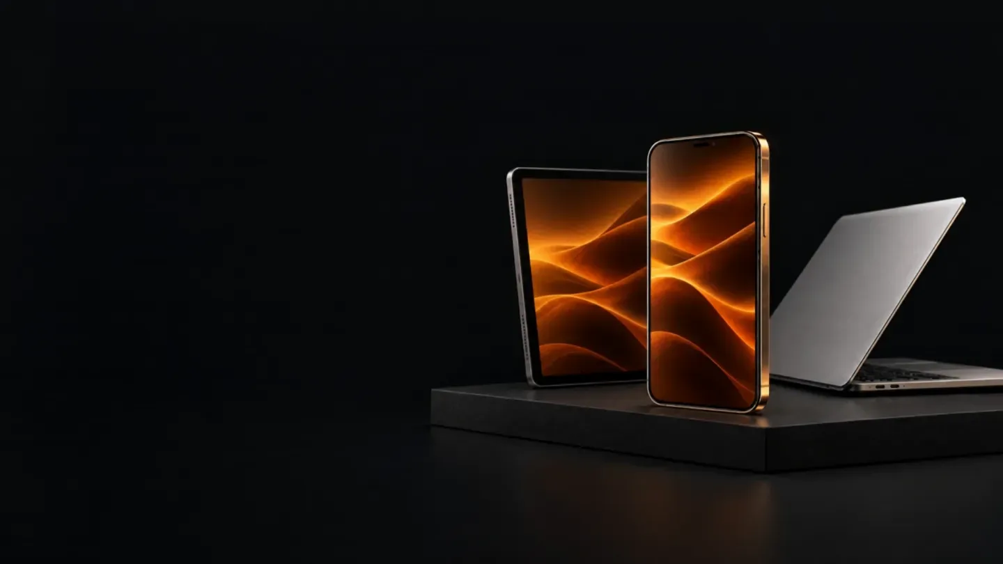Smartphone, tablet e notebook su un piano grafite, in una scena illustrativa