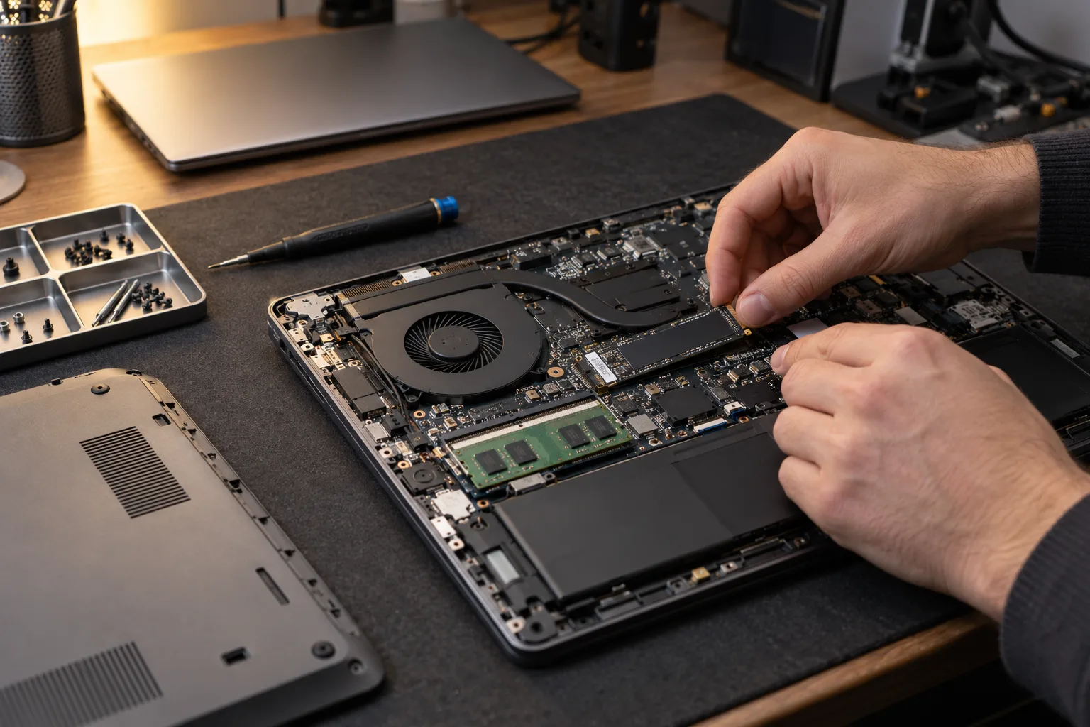Installazione di un SSD su un notebook aperto, immagine illustrativa