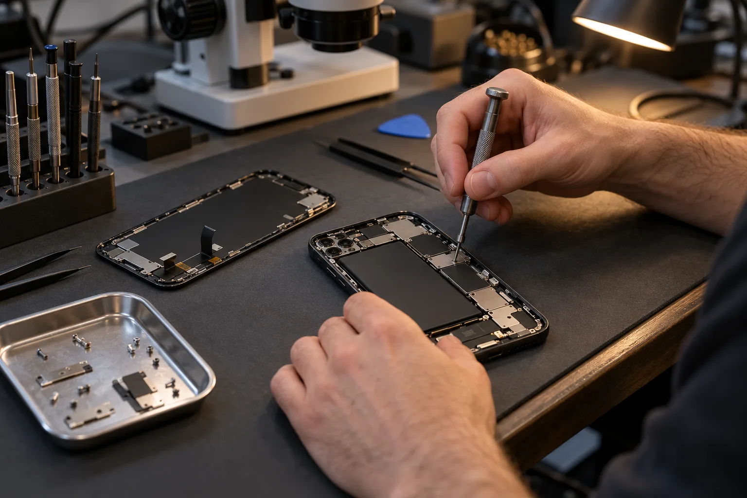 Mani di un tecnico che interviene su uno smartphone aperto al banco, immagine illustrativa