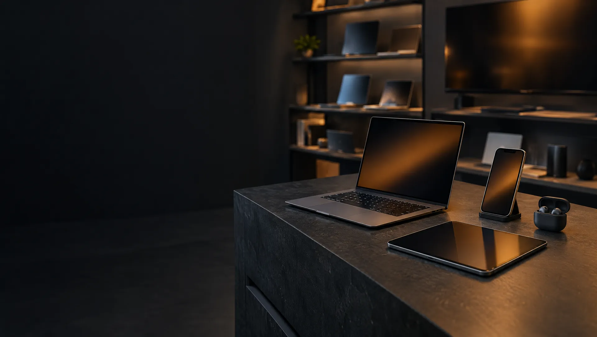 Notebook, smartphone, tablet e auricolari su un banco espositivo di un negozio di tecnologia la sera, immagine illustrativa