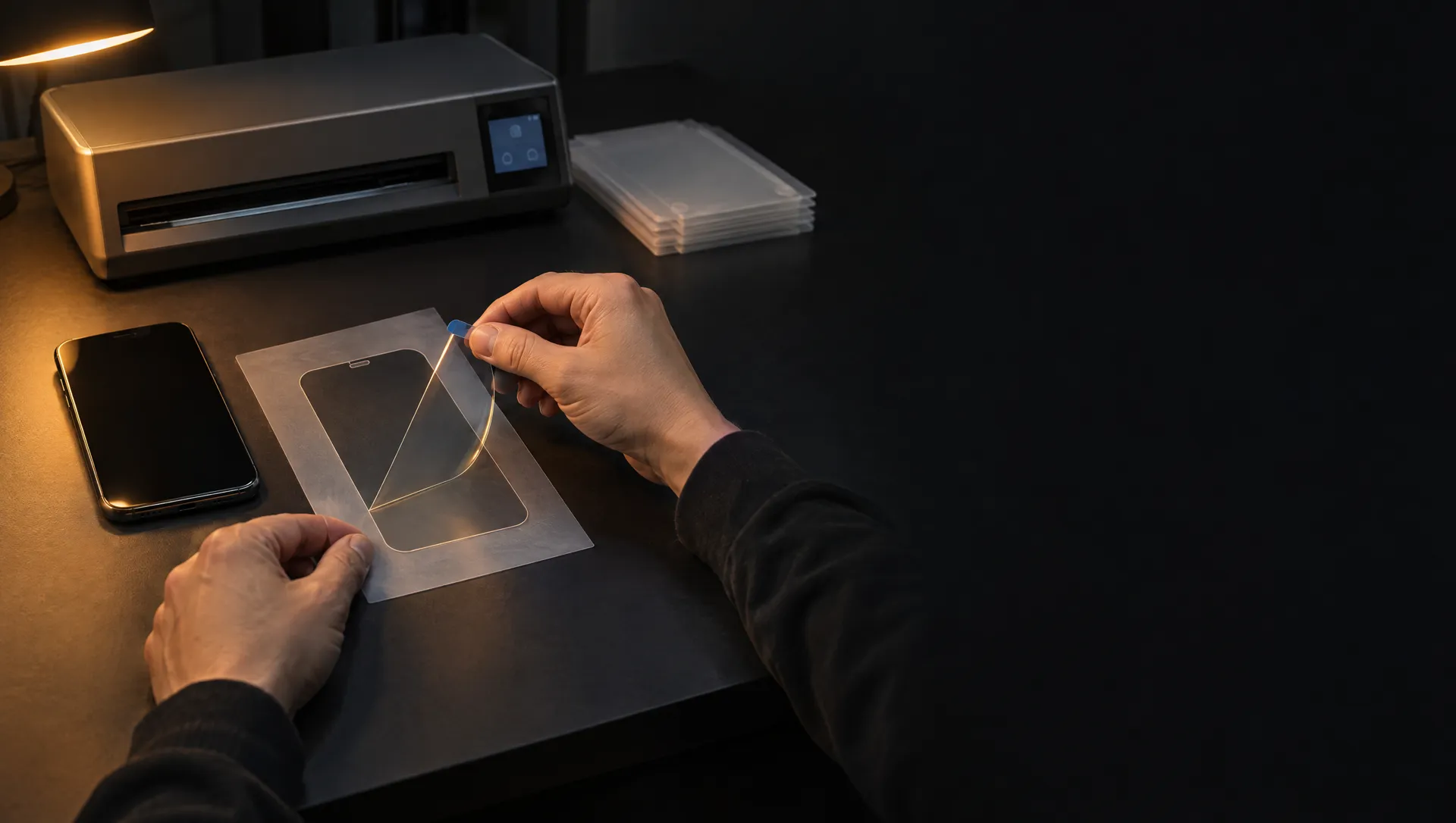 Un tecnico stacca dal foglio la pellicola protettiva appena tagliata sulla sagoma di uno smartphone, dietro il plotter, immagine illustrativa